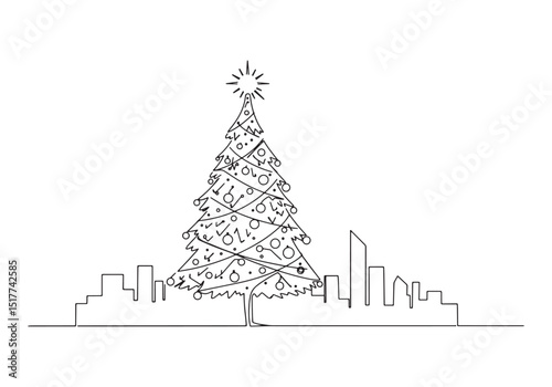 Futuristic christmas tree in city skyline one-line drawing style