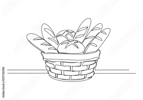 Elegant single line drawing of a basket filled with freshly bake