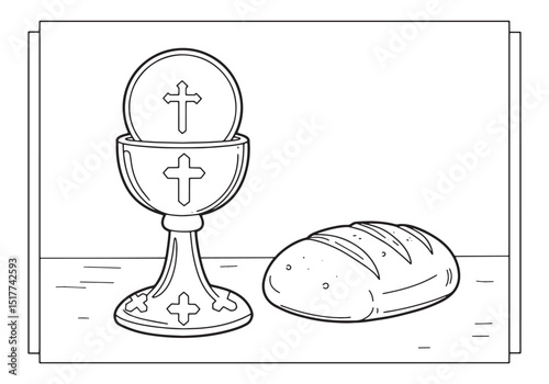 Christian Eucharist Coloring Page, Chalice, Host, and Bread Illu