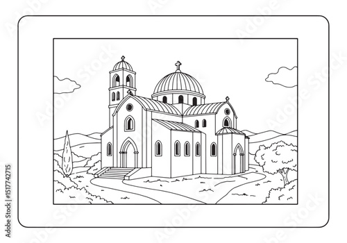 Detailed Coloring Page of Church Architecture and Landscape Desi