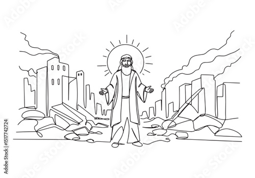 Prophet Zephaniah stands amidst ruins in continuous line drawing