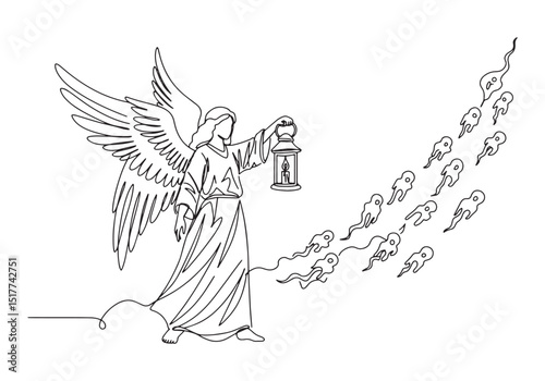 Elegant line drawing of an angel holding a lantern in black and