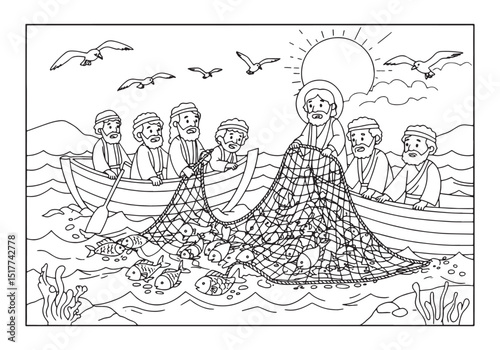 The miraculous catch illustration for coloring book pages or edu