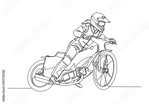 Single continuous line drawing of female speedway racer riding m