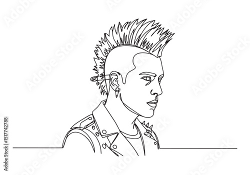 Continuous Line Drawing of Male Punk Musician with Spiked Hair a