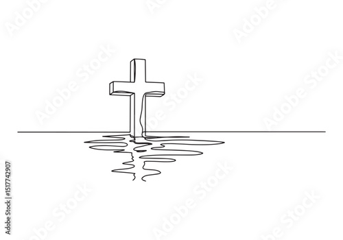 Elegant line art illustration of a cross with reflection on wate