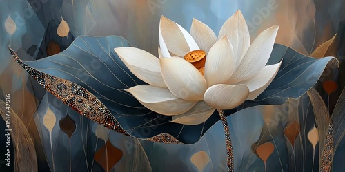 Elegant white lotus flower blooms gracefully against an abstract space-inspired background with soft colors and intricate details