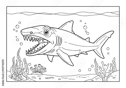 Helicoprion Coloring Page, Prehistoric Shark in Black and White