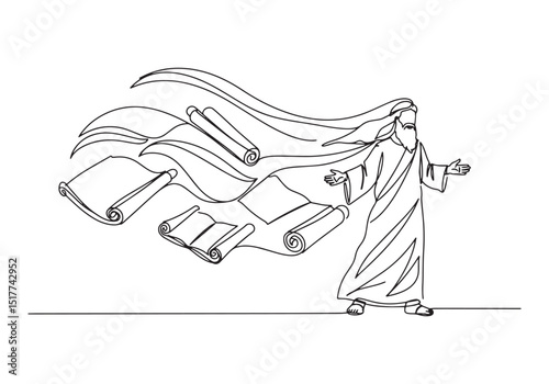 Single line drawing of bearded man presenting scrolls 2562 illus