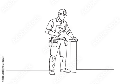 Continuous Line Drawing of a Carpenter at Work with Hammer and W