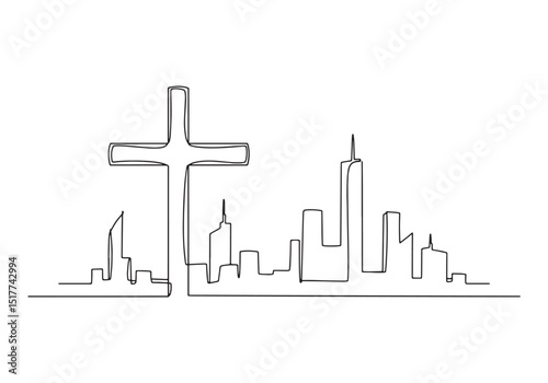Elegant Minimalist Continuous Line Drawing of Cross and City Sky