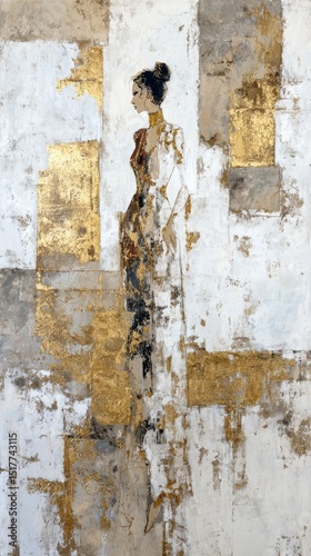 Elegant figure in an abstract composition with a golden background and contrasting textures in a modern artistic style