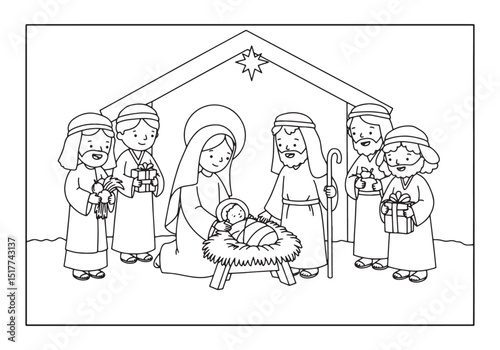 Nativity scene coloring page, black and white illustration, chri
