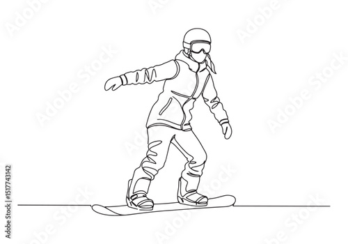 Continuous line drawing of a female snowboarder gliding through