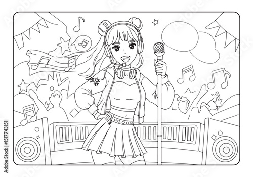 Enchanting K-Pop Idol in Concert Coloring Page, A Black and Whit