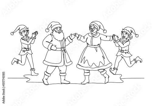 Festive continuous line drawing of Santa, Mrs. Claus, and elves