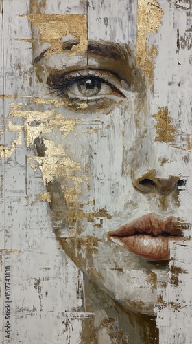 Abstract art piece featuring a woman's face with gold detailing in a textured style against a neutral background