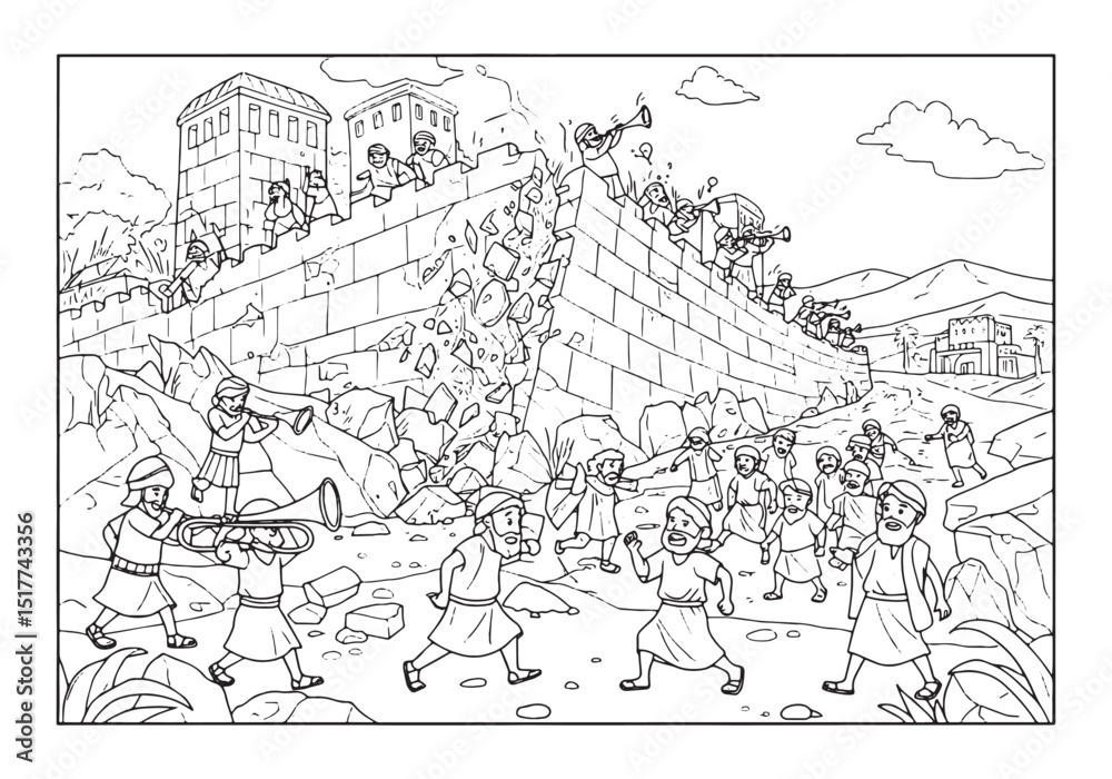 Obraz premium Coloring Book Page Illustration of the Biblical Fall of Jericho