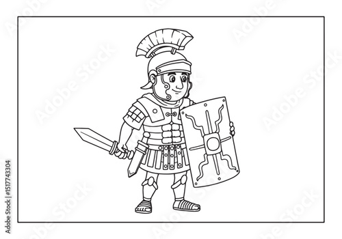 Detailed line art illustration of a Roman legionary for coloring