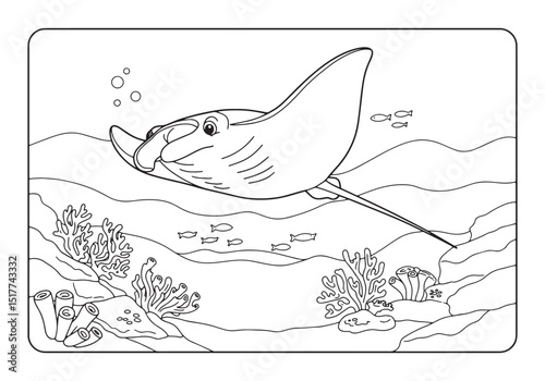 Vintage Manta Ray Illustration for Coloring Book - Ocean Life in