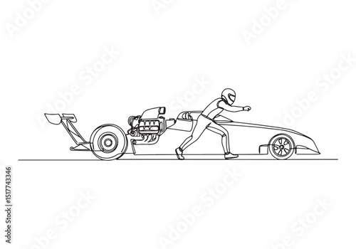 Dynamic Drag Racing Scene in Continuous Line Art, A Monochrome M