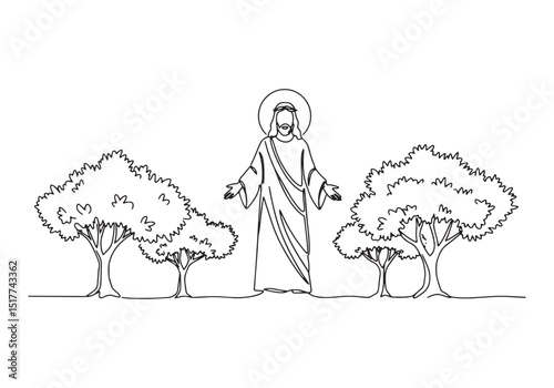 Continuous One-Line Drawing of Jesus Christ Silhouette with Tree
