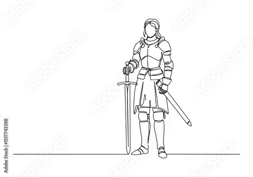 Elegant Female Knight in Armor, A Striking Single Line Drawing D