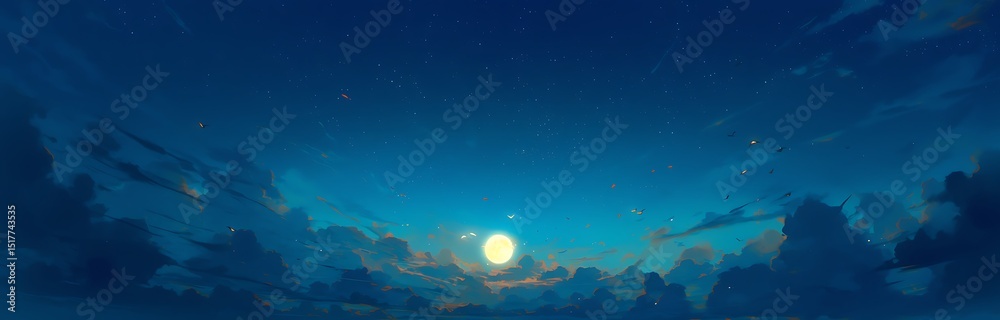 Obraz premium A fantasy banner background of the moon and clouds with birds flying in blue light