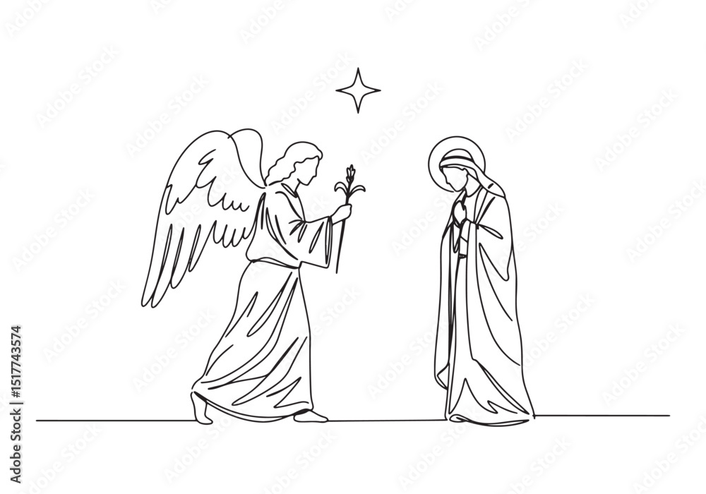 Fototapeta premium Annunciation Feast Continuous Line Drawing Depicting Gabriel and