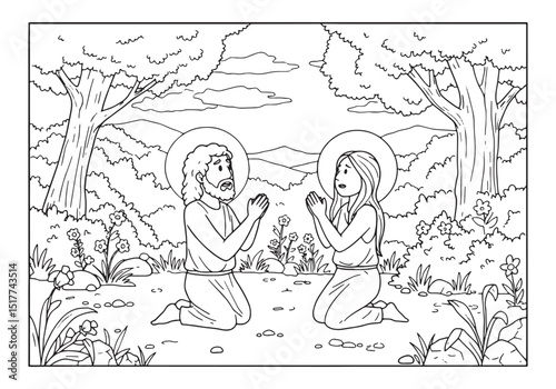 Biblical First Prayers Coloring Page Depicting Adam and Eve