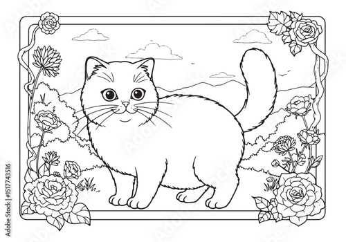Charming Scottish Fold Cat Surrounded by Floral Accents Coloring