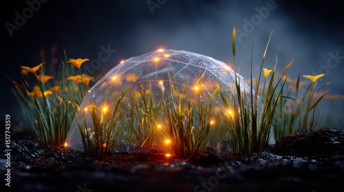Fungal computing design. A glowing dome surrounded by flowers and grass at night.