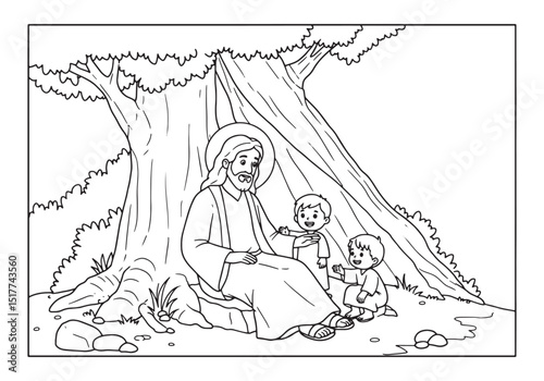 A serene moment, Jesus resting under a tree with children, a bla