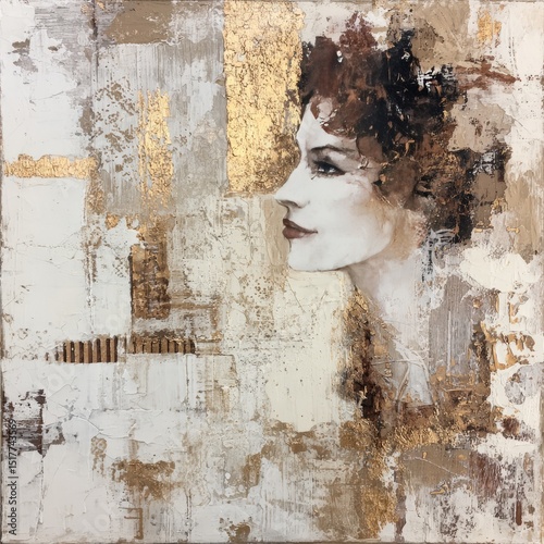 Abstract representation of a woman's profile with gold accents in a contemporary space design