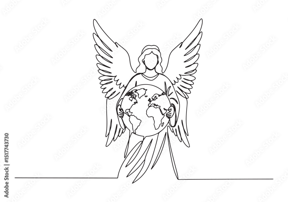 Fototapeta premium Continuous Line Drawing of an Angel Holding the Earth - Hope and