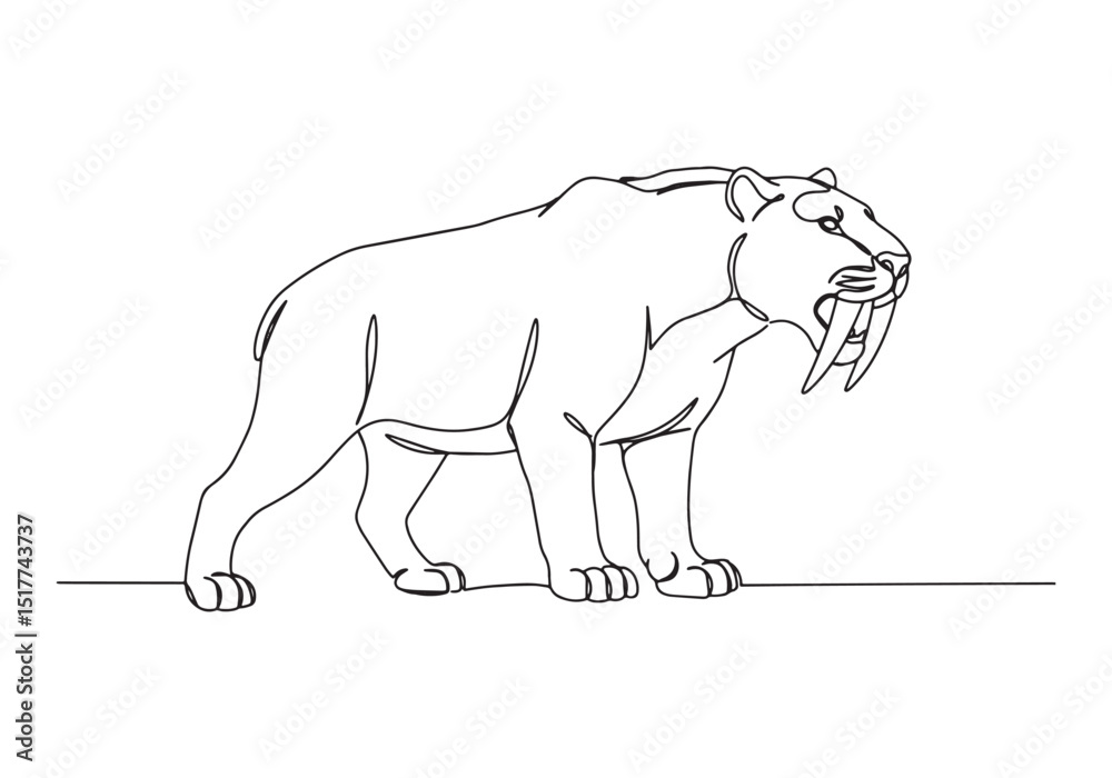 Obraz premium Monoline illustration of a saber-toothed tiger, extinct predator