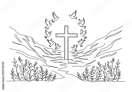 Continuous line art depicting cross, doves, river, and floral la