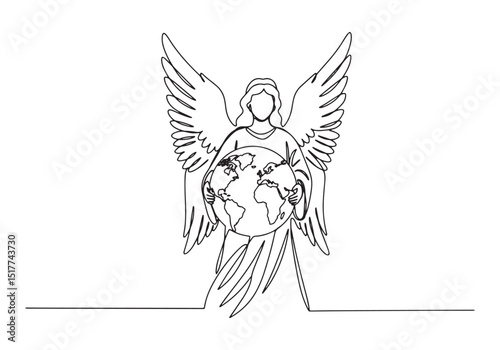 Continuous Line Drawing of an Angel Holding the Earth - Hope and
