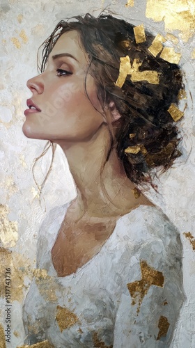 Portrait of a woman with a serene expression, adorned with golden accents and a soft, neutral background