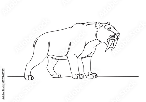 Monoline illustration of a saber-toothed tiger, extinct predator