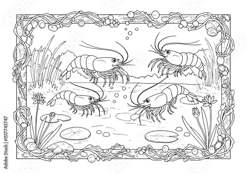 Detailed Brine Shrimp Coloring Page with Aquatic Plants and Bubb