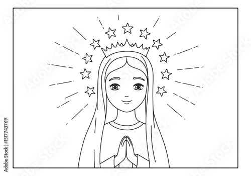 Virgin Mary with Star Crown Coloring Page for Kids and Black and