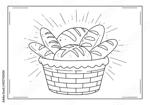 Detailed coloring page featuring a basket overflowing with vario