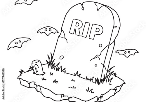 Enigmatic Tombstone Scene Black and White Coloring Book Illustra