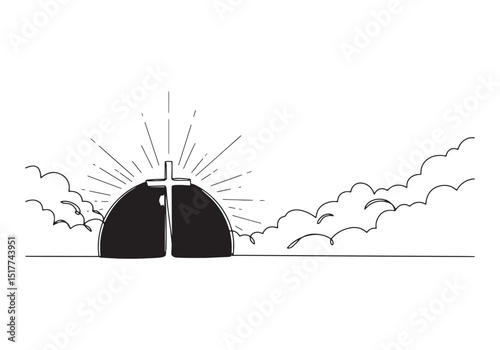 Abstract glowing cross on hill against a white background in con