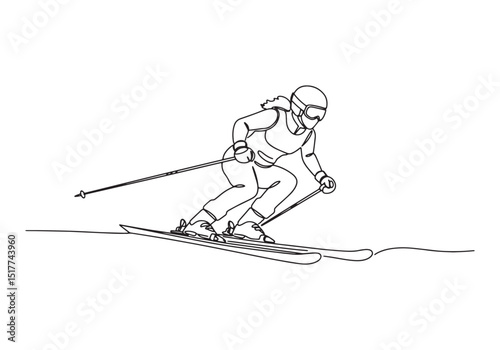 Female Skier Continuous Line Drawing, Black and White Winter Spo