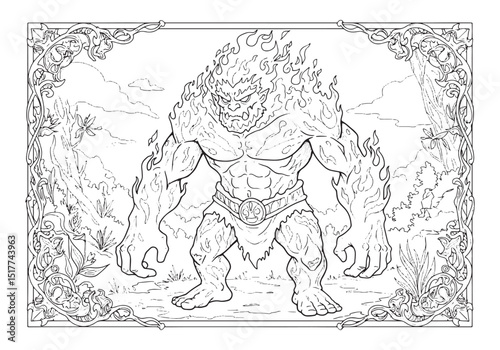Detailed Fire Giant Coloring Page for Adults and Kids, Black and