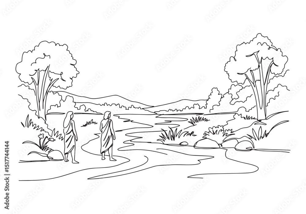 Obraz premium Adam and Eve Continuous Line Drawing in Paradise with Nature Sce