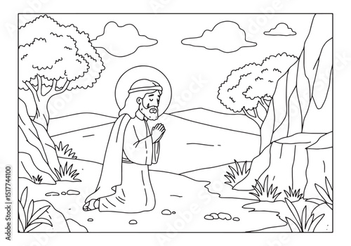 Illustration of Jesus Christ Praying in a Serene Landscape Color
