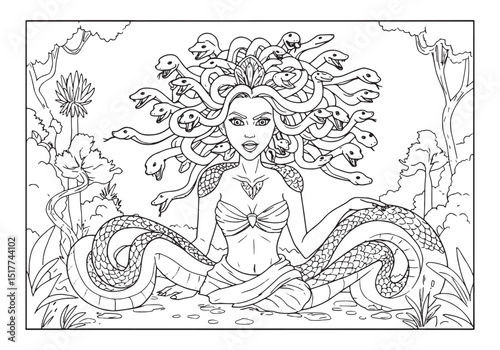 Intricate Medusa Coloring Page, A detailed black and white illus